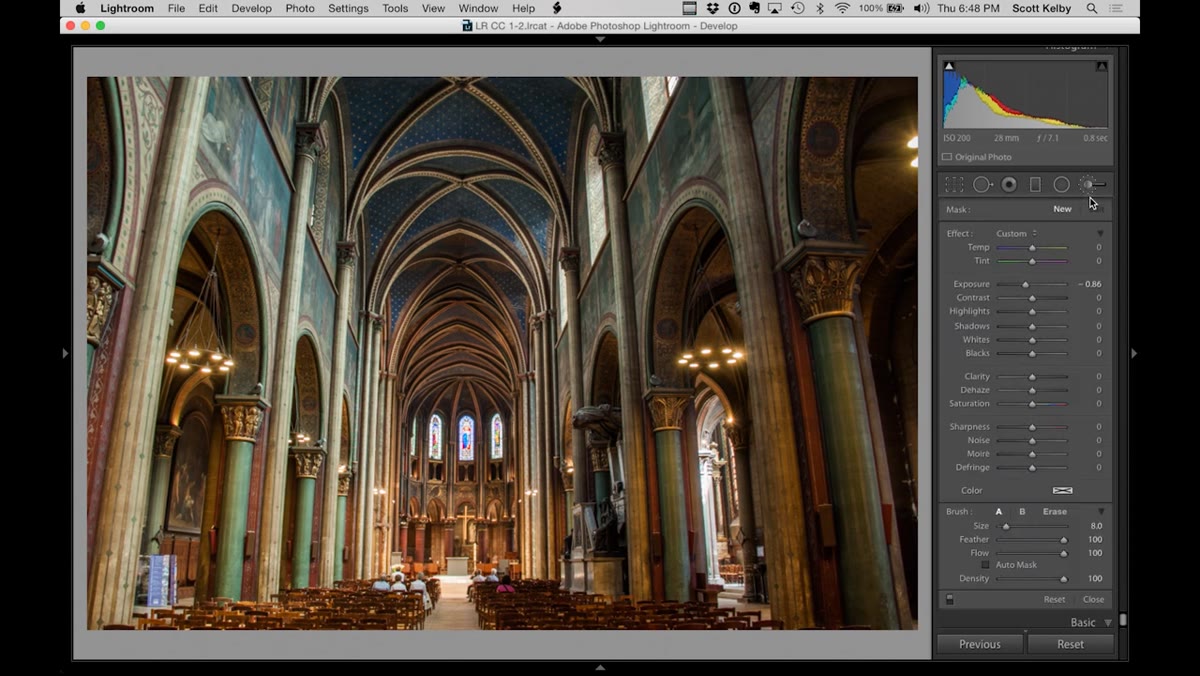 Adjustment brush selected, painting exposure onto dark side of church