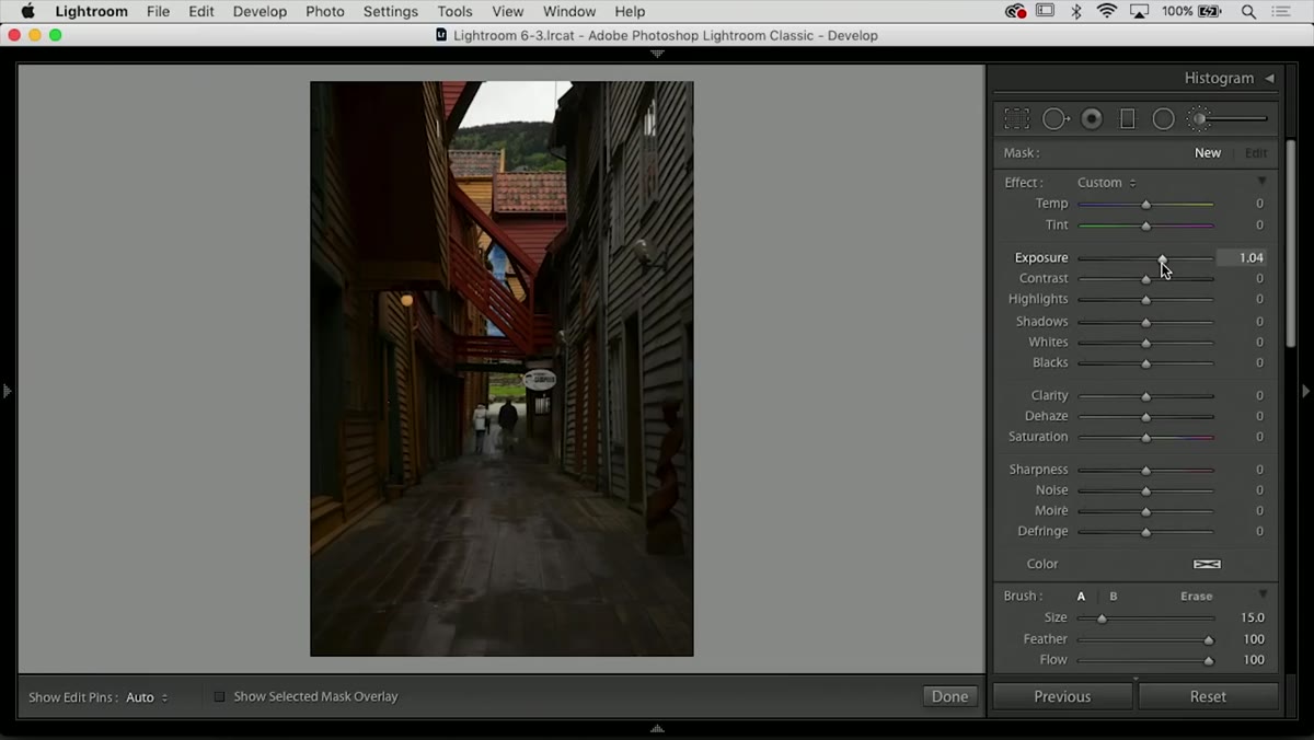 Adjustment brush active, painting brightness along center path