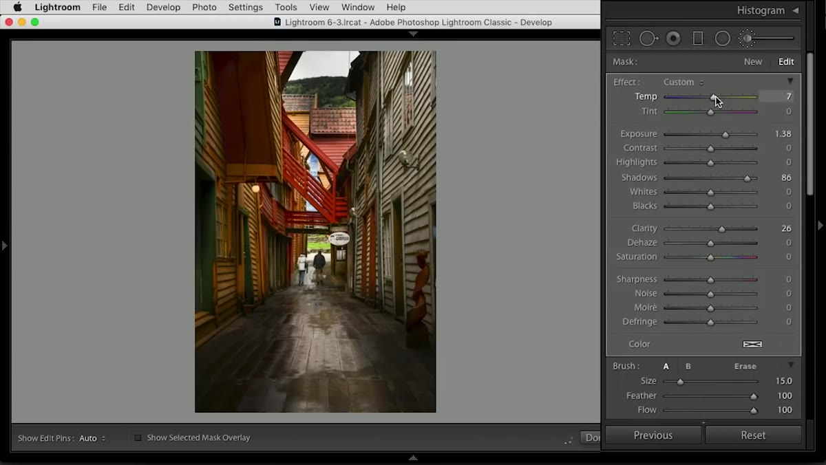 Temperature slider adjusted warmer within the brightness brush layer