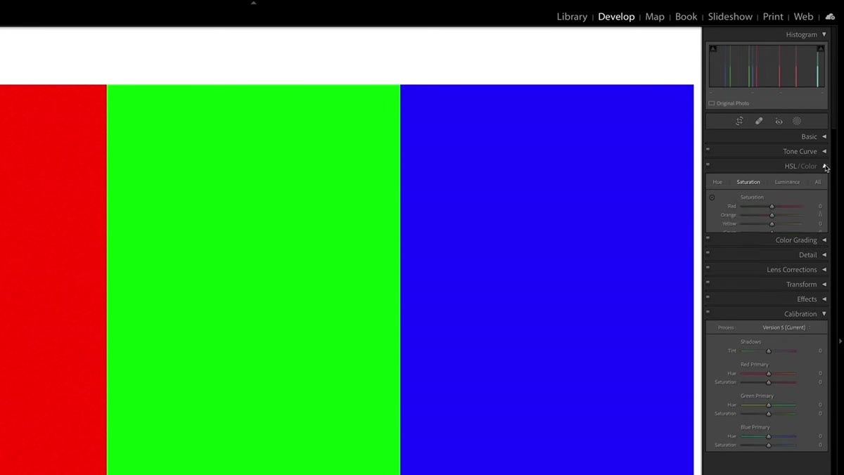 HSL Saturation panel and Calibration panel both visible on screen