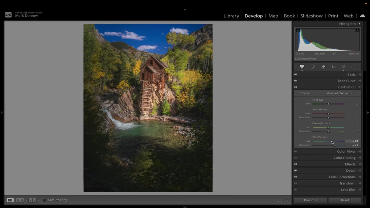 Before and after view toggled showing raw versus edited fall image