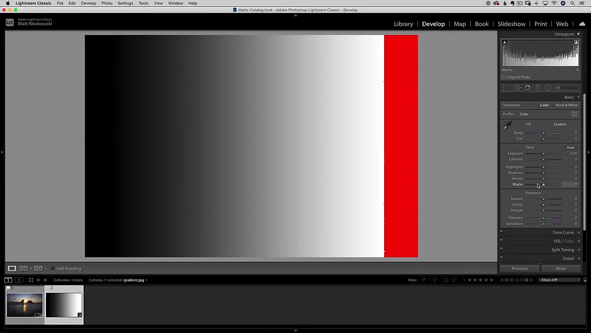 Graduated Filter panel open with Color swatch visible at bottom