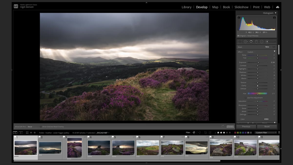 Brush painting brighter exposure onto heather flowers and rock highlights
