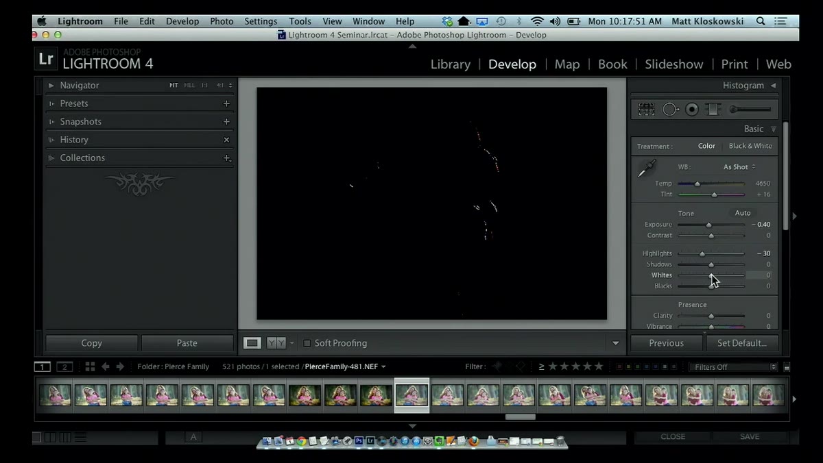 Alt-click on Whites slider revealing clipping overlay