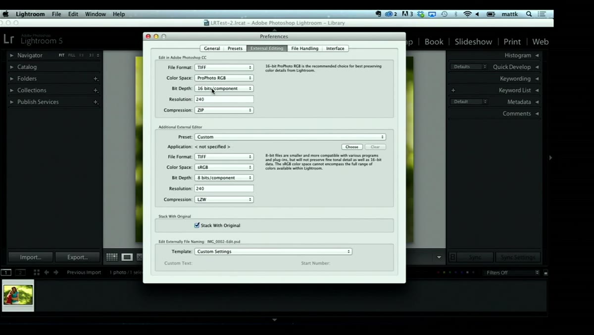 Bit depth option showing 16-bit selected in External Editing tab