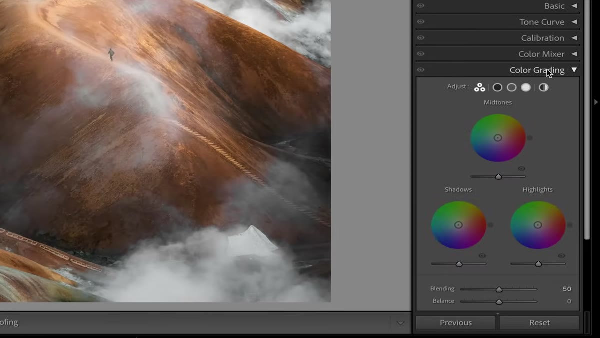 Color Grading section open showing three color wheels