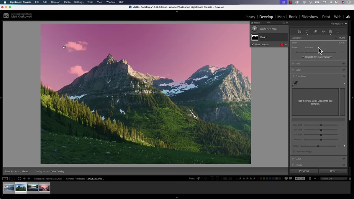 Masking panel open with AI sky mask selected and Point Color panel visible