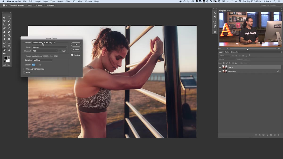 Apply Image dialog box open with source and layer options visible