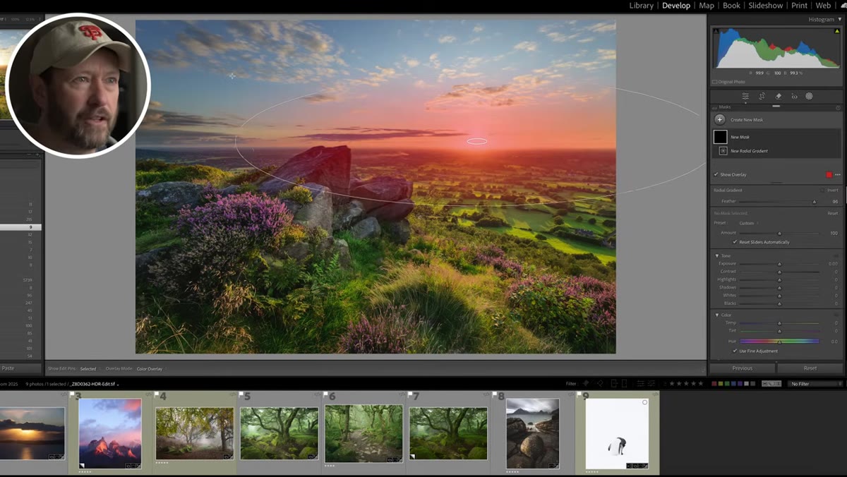 Radial gradient being drawn over sun in landscape photo