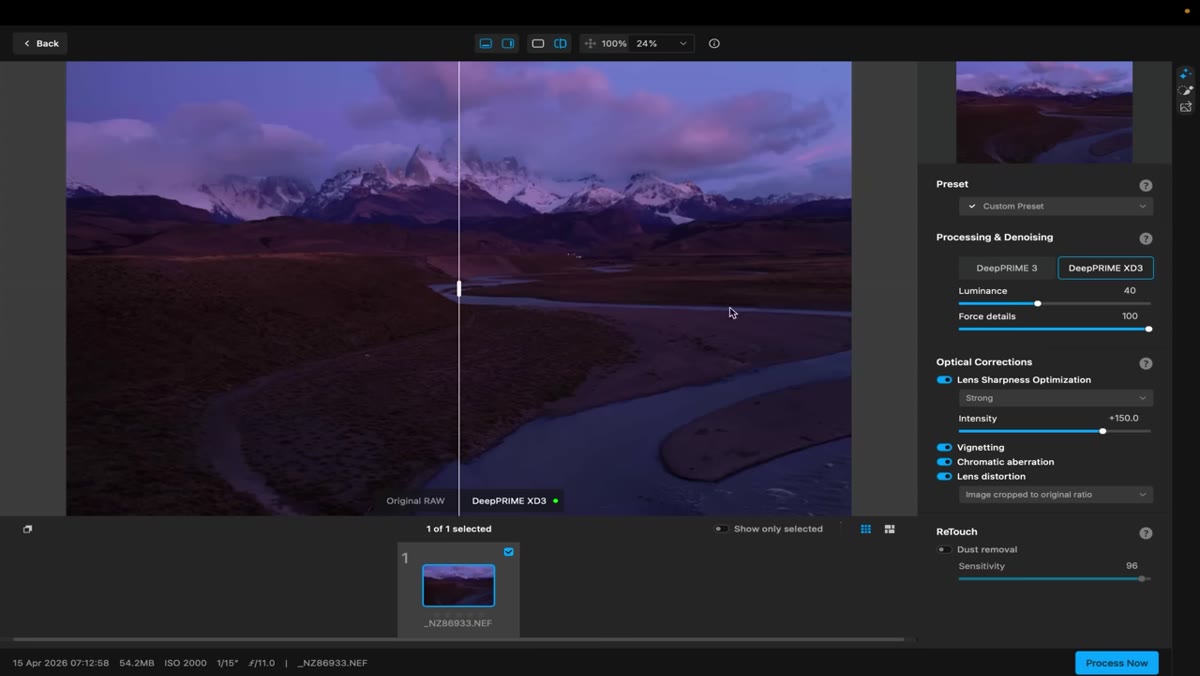 Side-by-side preview of RAW file vs PureRAW conversion