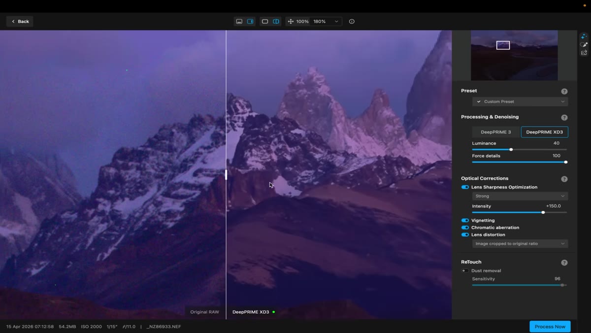 PureRAW processing a high-ISO Patagonia landscape file