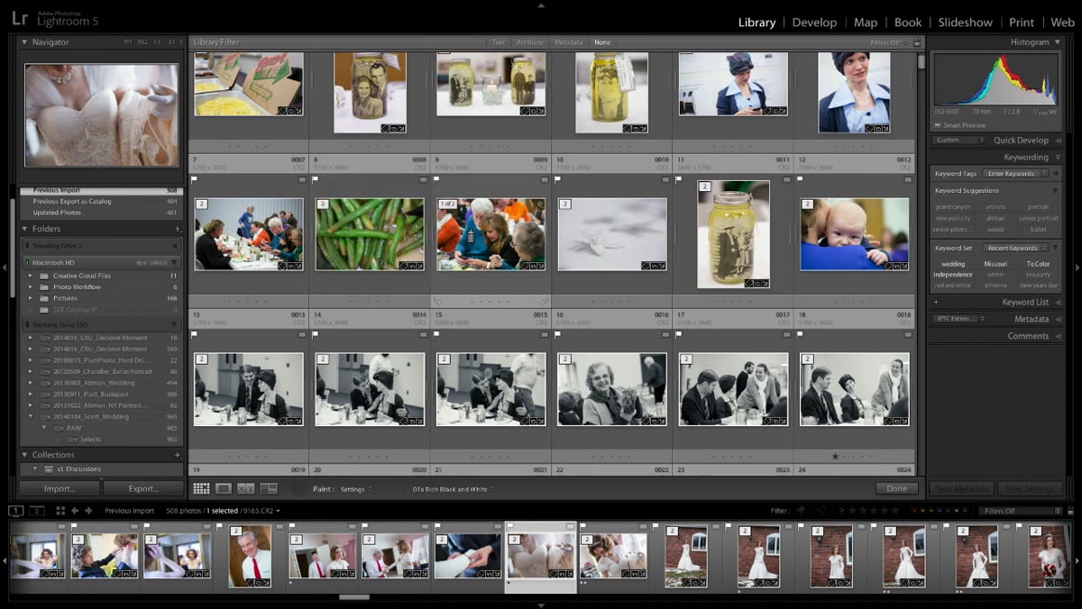 Scrolling through the grid applying a black and white preset across multiple shots
