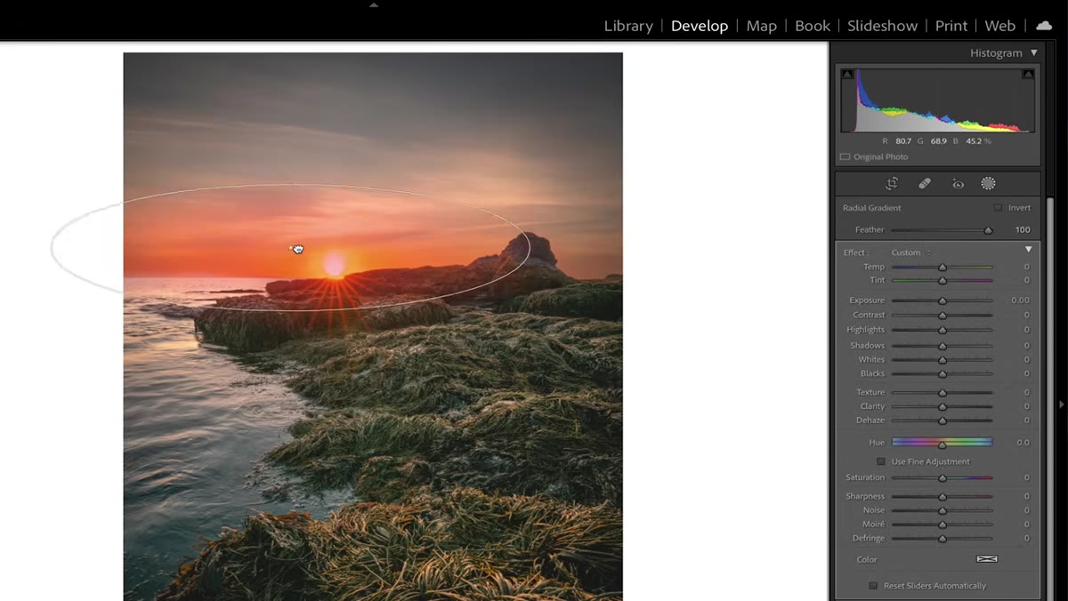 Large radial gradient drawn over sun area in landscape photo
