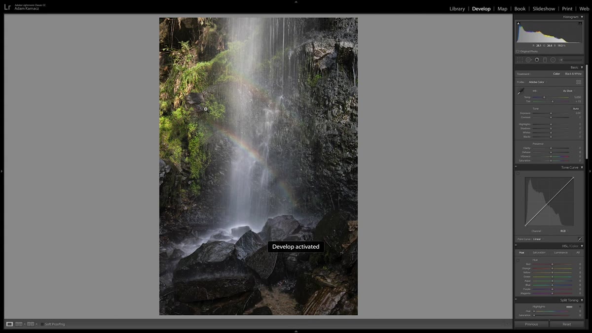 Raw waterfall image open in Lightroom Develop module