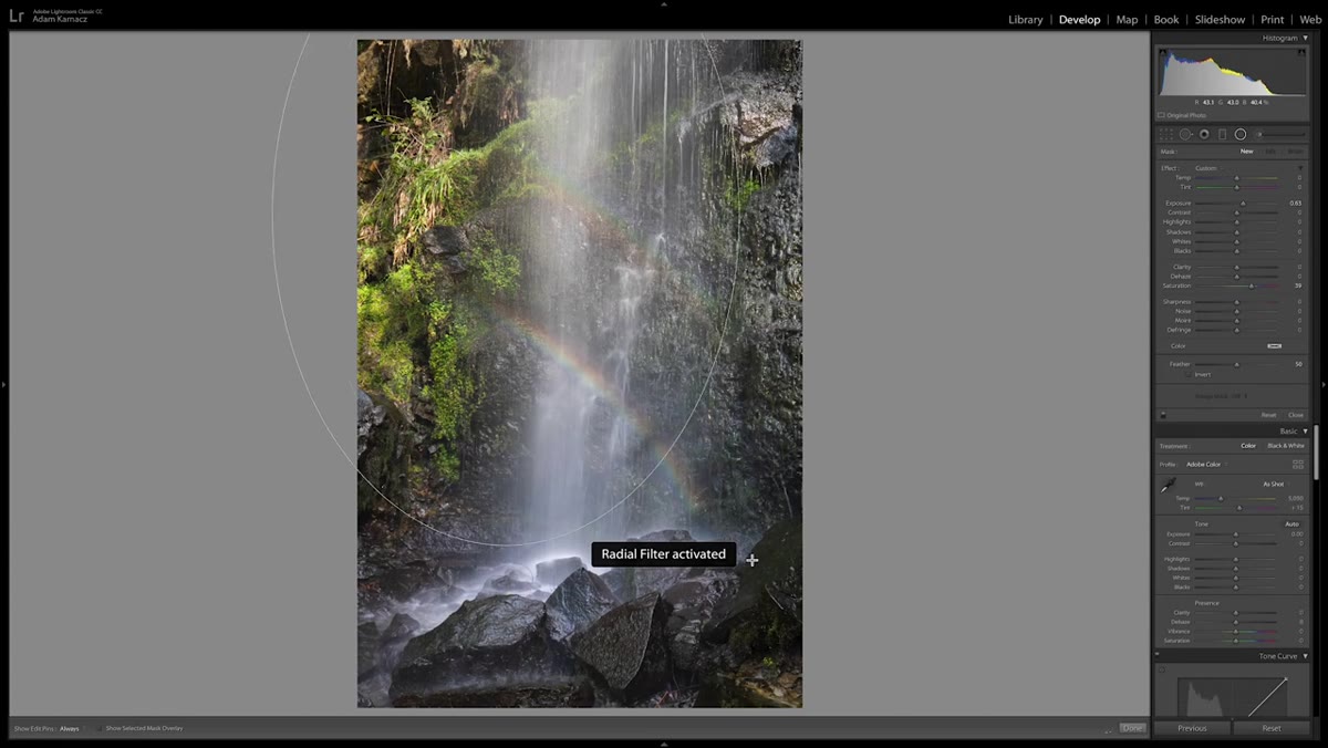 Radial filter oval drawn over waterfall and rainbow area