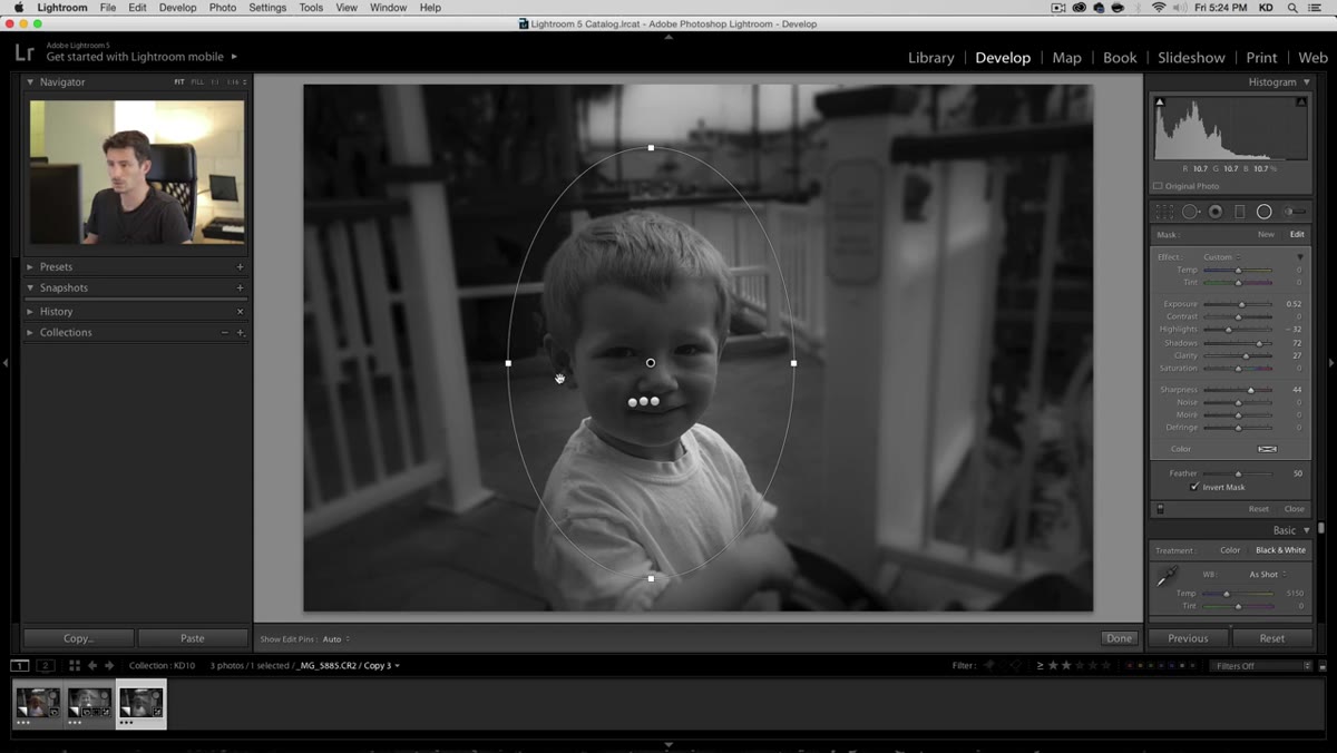 Second inverted radial filter applied over face area with exposure adjustment