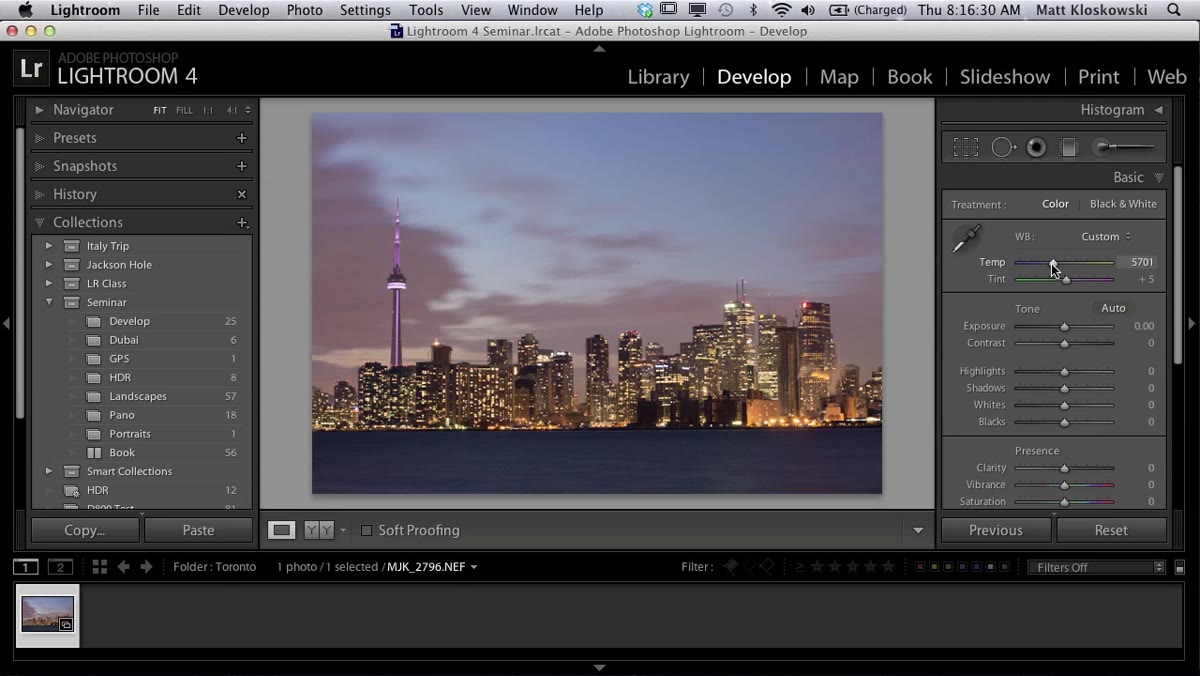 White balance sliders adjusted in the Basic panel