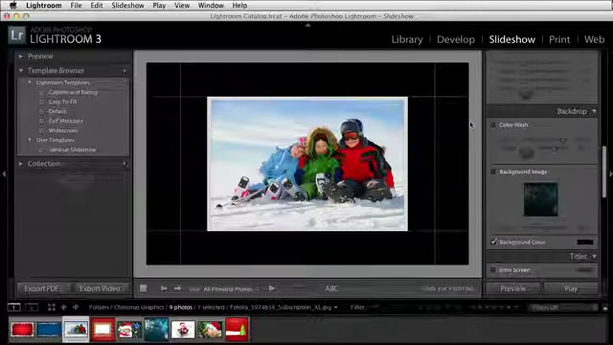 Lightroom Slideshow module open with filmstrip visible