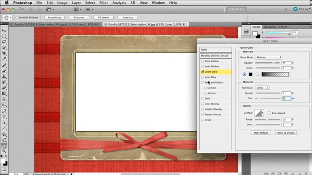 Layer Style dialog with Outer Glow settings showing Multiply blend mode