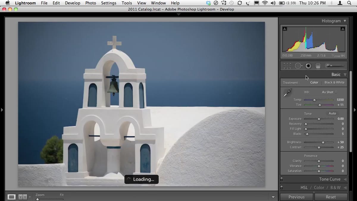 Develop module open with a Greece landscape RAW file