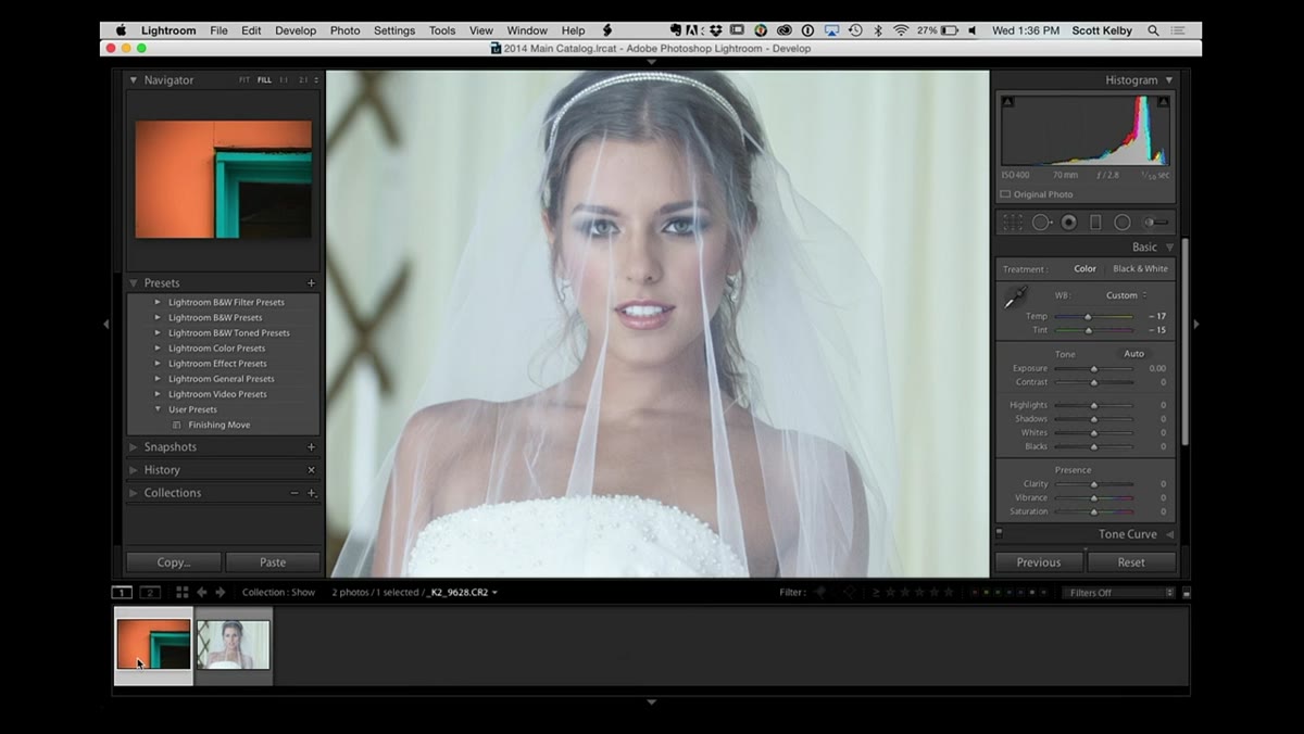 White balance preset list open on a RAW image in Develop module