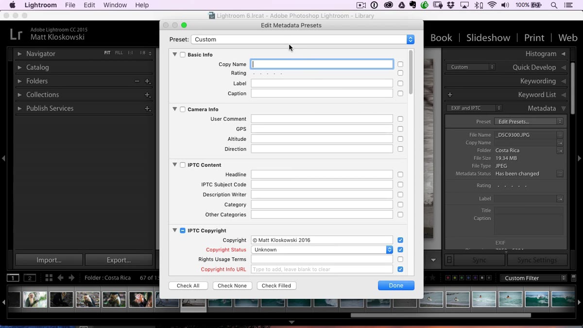 Metadata preset dropdown open, Edit Presets option visible