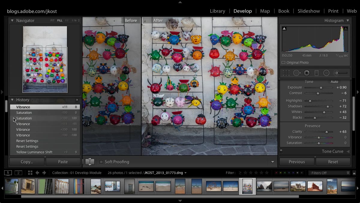 Lightroom History panel open with states being dragged to compare