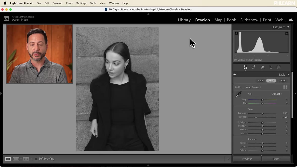 Library grid showing original color image and B&W virtual copy side by side