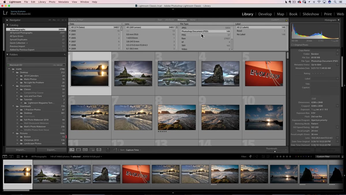 File Type column showing PSD selected with photo count visible