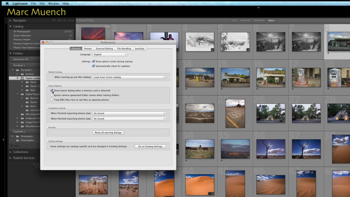 Lightroom Preferences general tab with import dialog checkbox unchecked