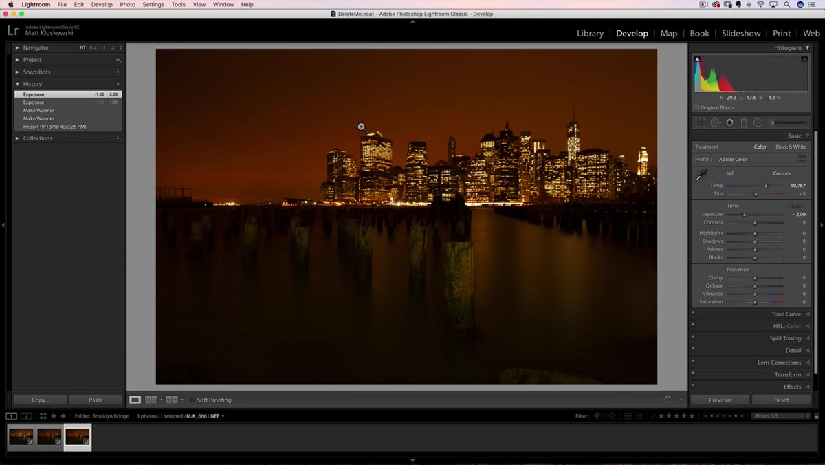 Develop module showing the same sky with smooth tones, no banding