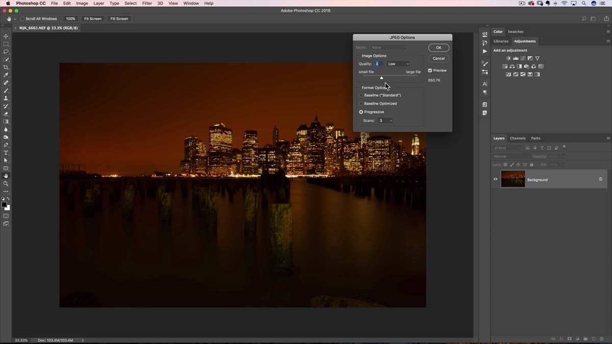 Photoshop Save As JPEG dialog with quality slider being reduced