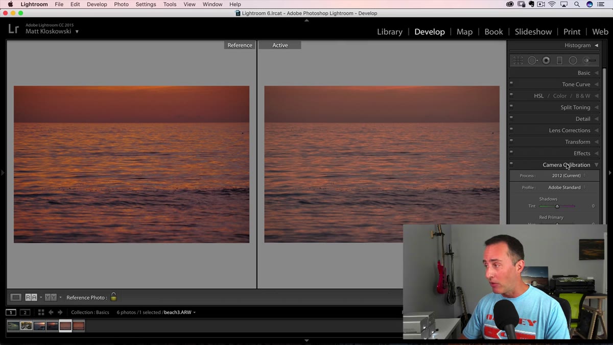 Camera Calibration panel open, Profile dropdown visible