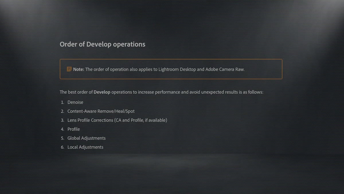 Develop module panels arranged in Adobe&rsquo;s recommended processing order