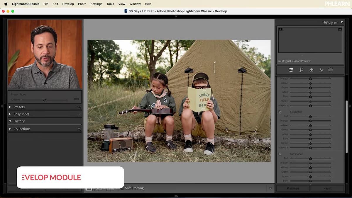 First image selected, Develop module open in Lightroom
