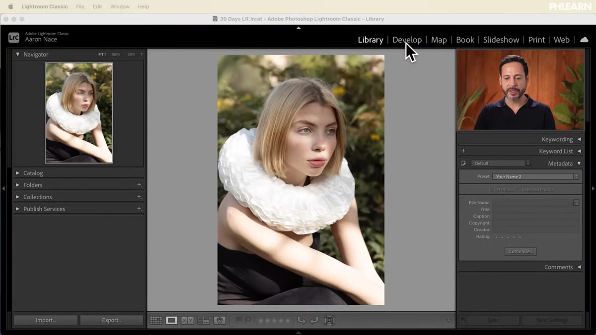 Lightroom Develop module open with raw photo loaded