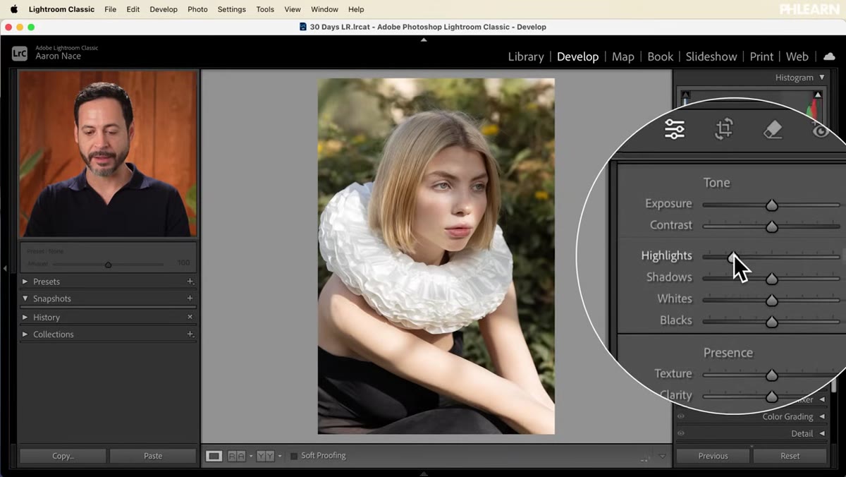 Highlights slider being dragged left, image showing recovery on arm and fabric