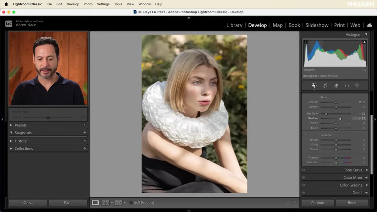 Shadows slider dragged right, darker areas of image becoming visible